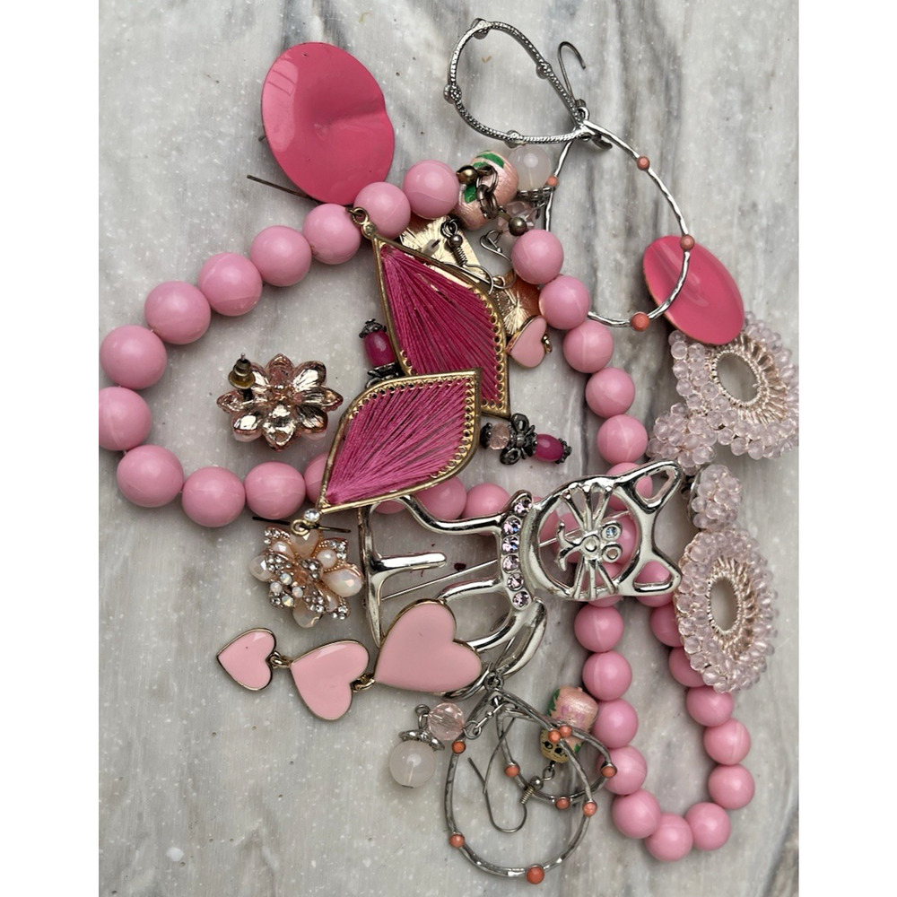 Jewelry Lot, 9 Pink Costume Pairs Earrings, Necklace Brooch, Retro, Vintage 80s